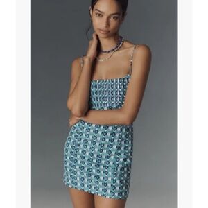Blue Patterned Mini Dress The Ophelia Sleeveless Linen Slim Mini Dress by Maeve